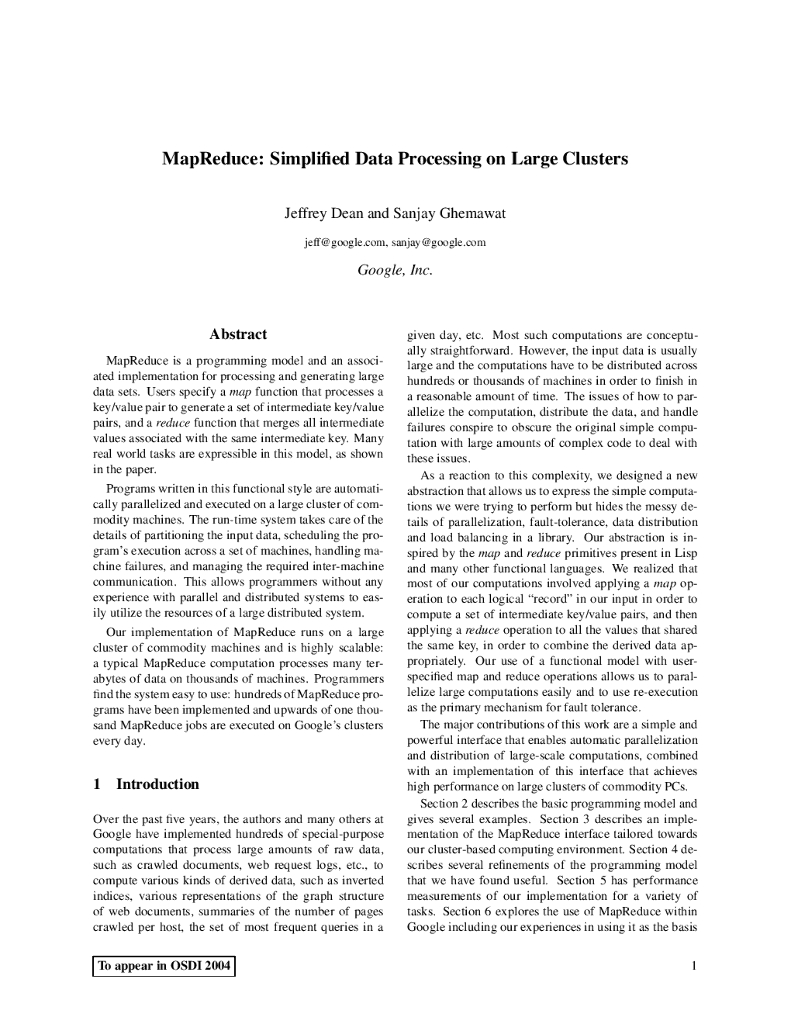 Google：MapReduce: Simplified Data Processing on Large Clusters