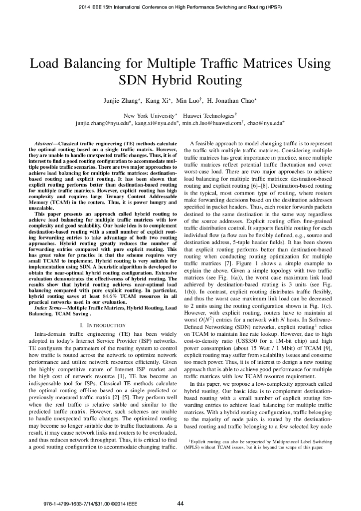 使用SDN混合路由实现多流量矩阵的负载均衡（英文版）