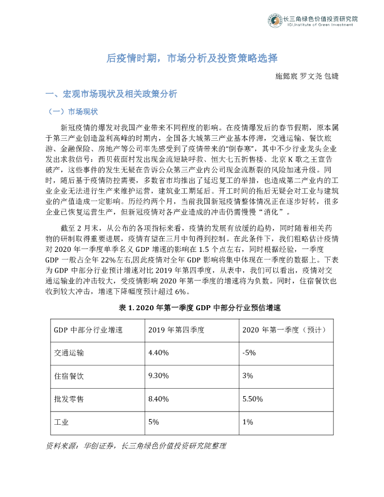 长三角绿色价值投资研究院：后疫情时期，市场分析及投资策略选择