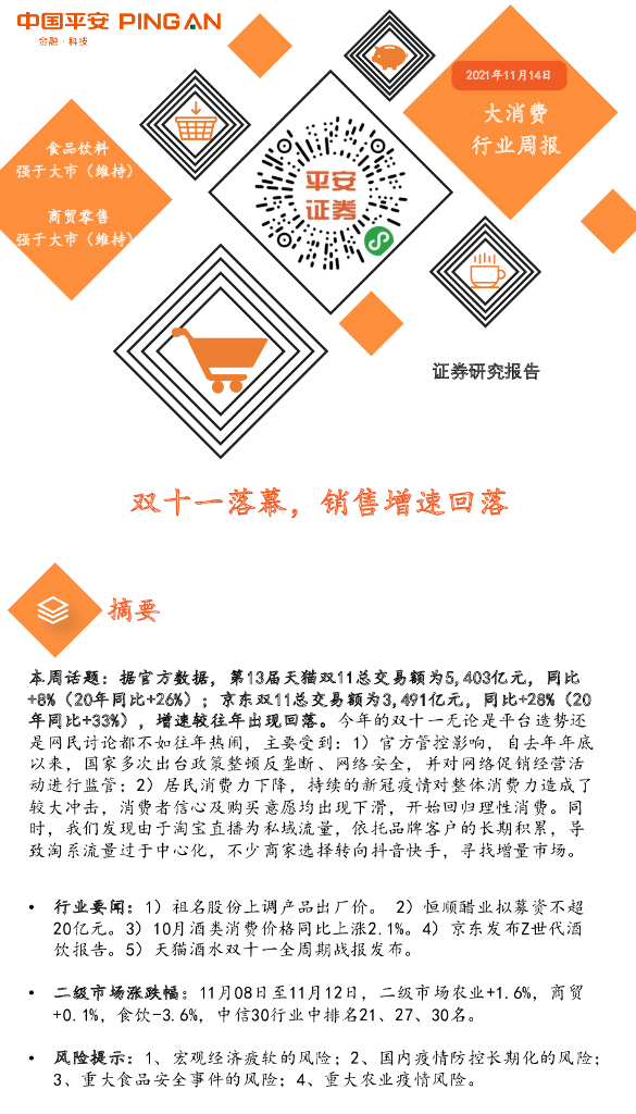 平安证券：双十一落幕，销售增速回落
