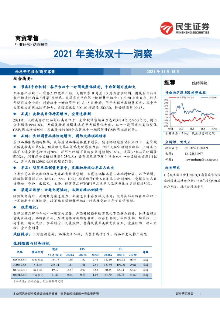 民生证券：商贸零售：2021年美妆双十一洞察