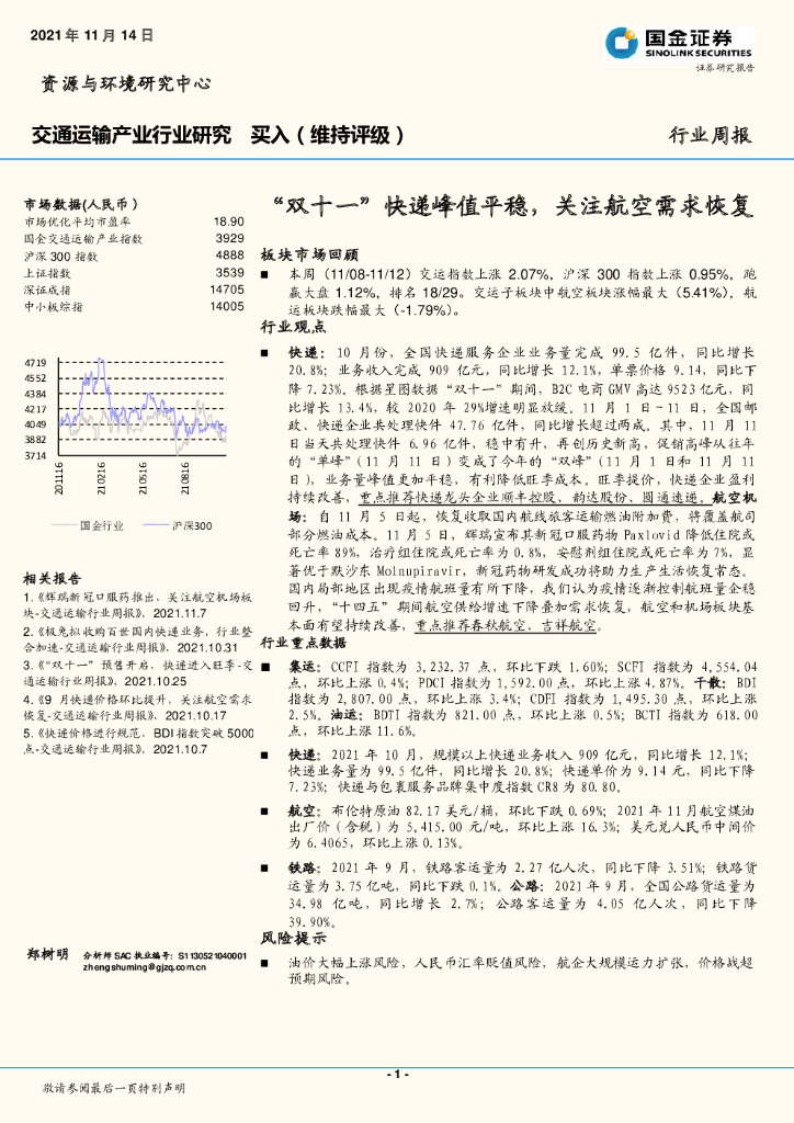 国金证券：交通运输产业行业研究：“双十一”快递峰值平稳，关注航空需求恢复