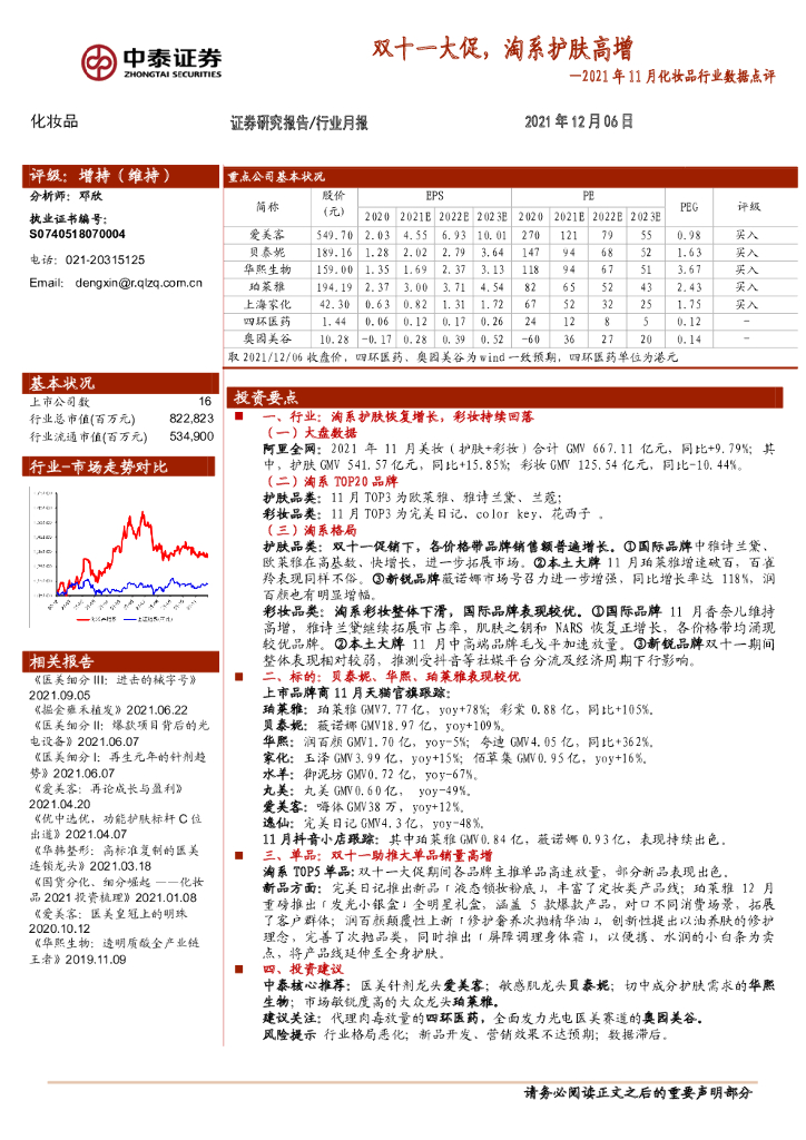 中泰证券：2021年11月化妆品行业数据点评：双十一大促，淘系护肤高增