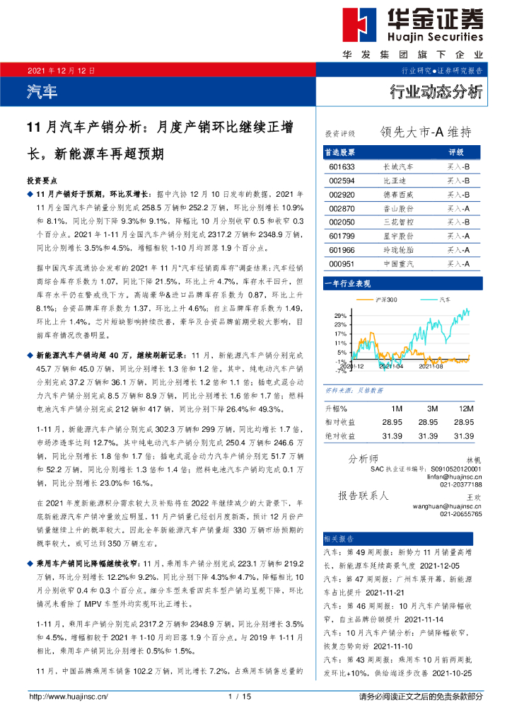 华金证券：11月汽车产销分析：月度产销环比继续正增长，新<em>能源</em>车再超预期 海报