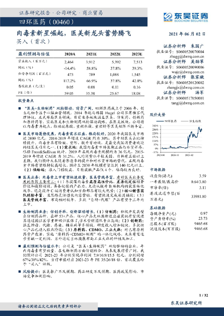 东吴证券：四环医药深度解析：肉毒素新星崛起，医美新龙头蓄势腾飞