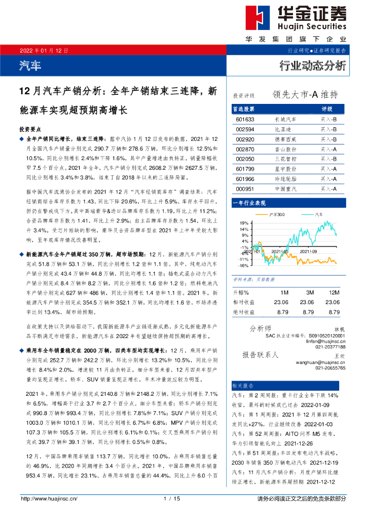 华金证券：12月汽车产销分析：全年产销结束三连降，新<em>能源</em>车实现超预期高增长 海报