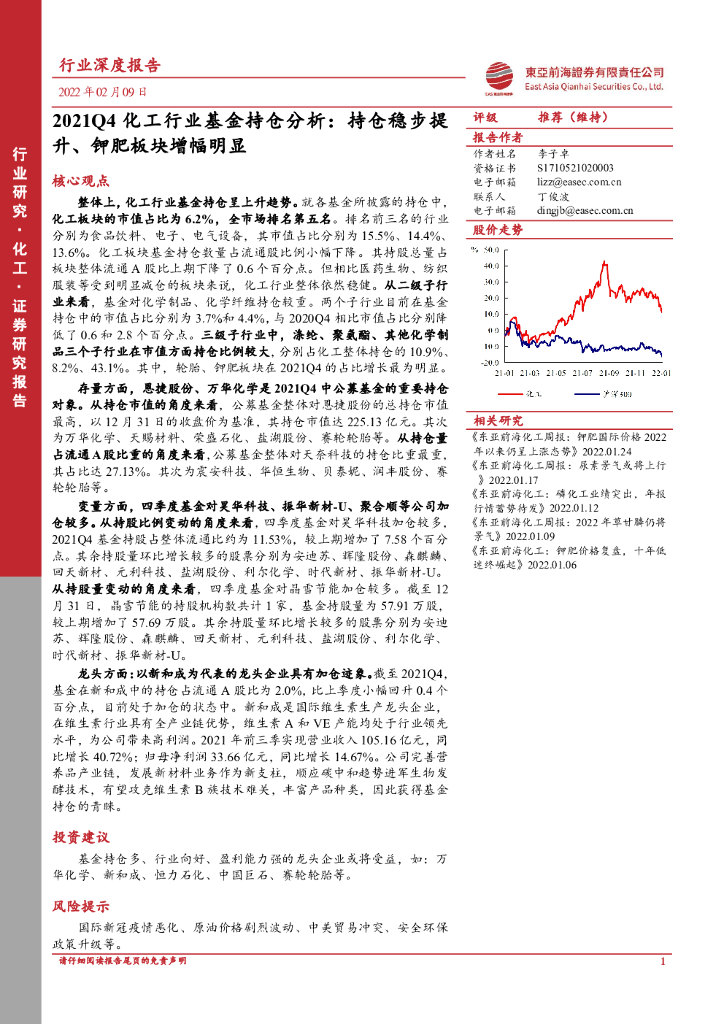 东亚前海证券：2021Q4化工行业基金持仓分析：持仓稳步提升、钾肥板块增幅明显 海报