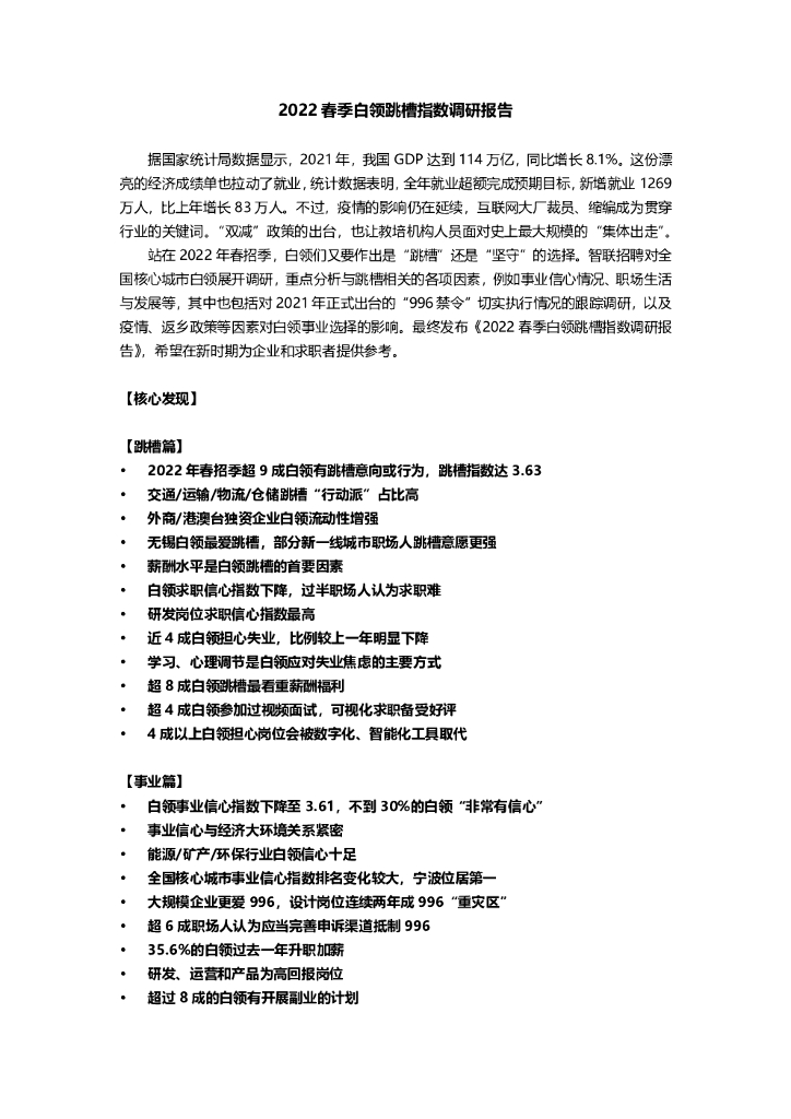 智联招聘：2022春季白领跳槽指数调研报告