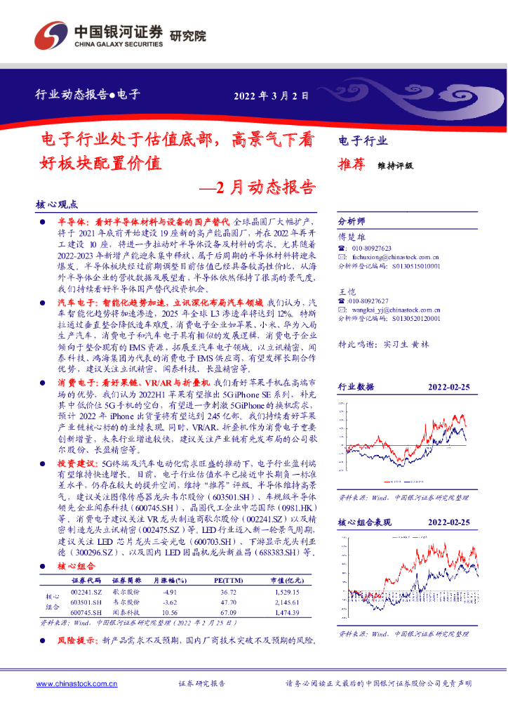 中国银河:2月动态报告:电子行业处于估值底部,高景气下看好板块配置价值