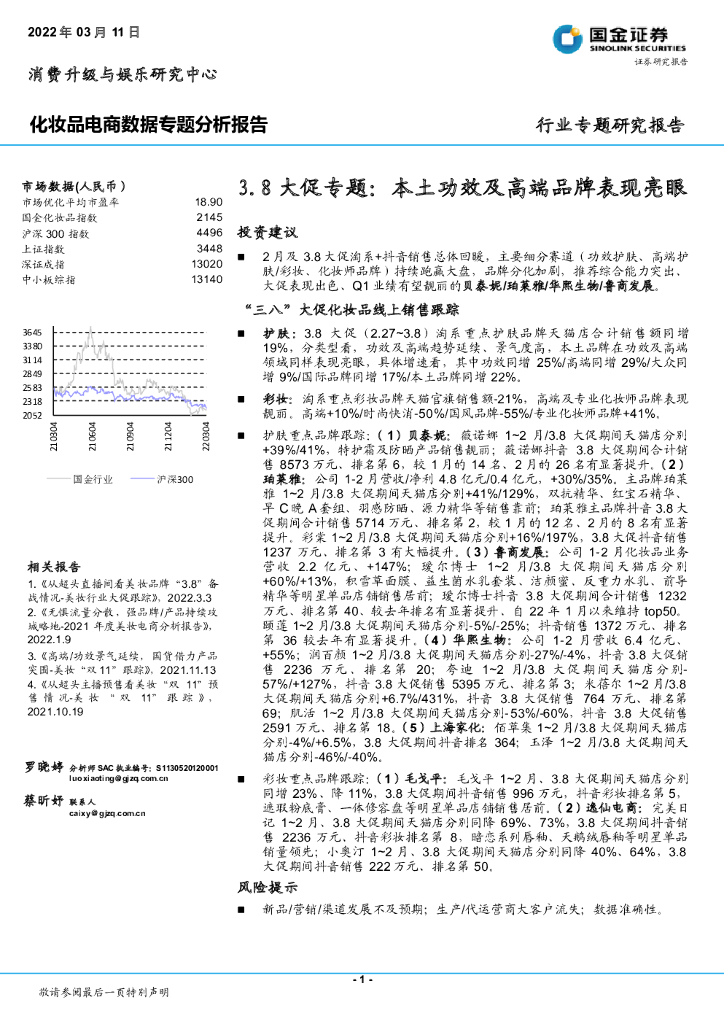 国金证券：化妆品电商数据专题分析报告：3.8大促专题：本土功效及高端品牌表现亮眼