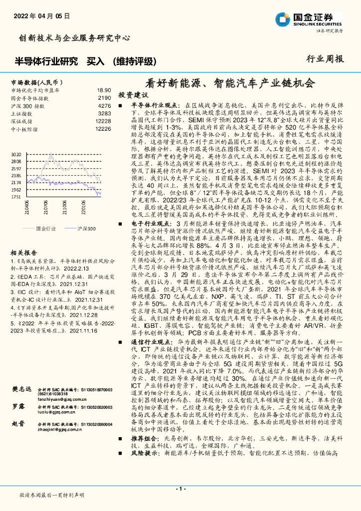国金证券：半导体行业研究：看好新能源、智能汽车产业链机会