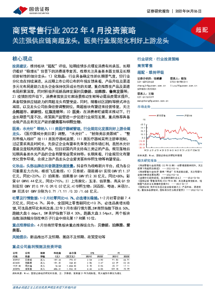 国信证券：商贸零售行业2022年4月投资策略：关注强<em>供应链</em>商超龙头，医美行业规范化利好上游龙头 海报