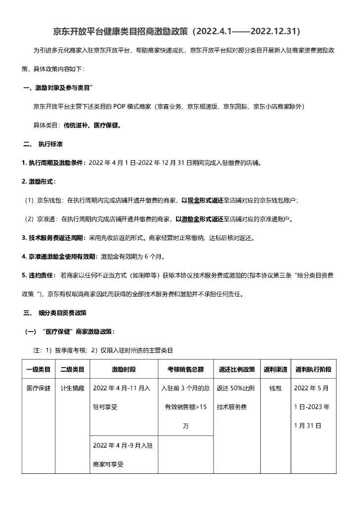 京东开放平台健康类目招商激励政策2022