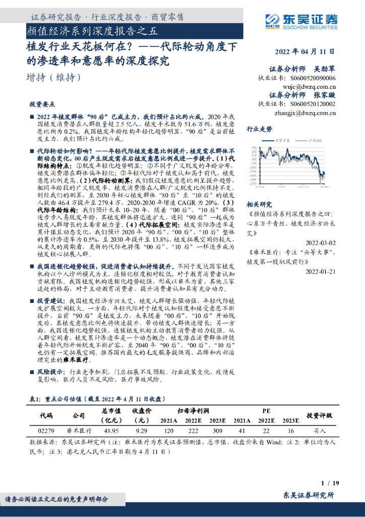 东吴证券：植发行业天花板何在？——代际轮动角度下的渗透率和意愿率的深度探究