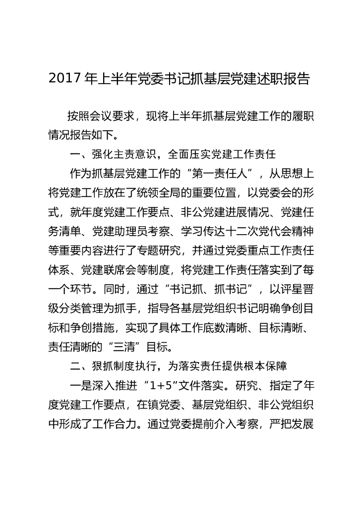 2017年上半年渤海镇党委书记抓基层党建述职报告