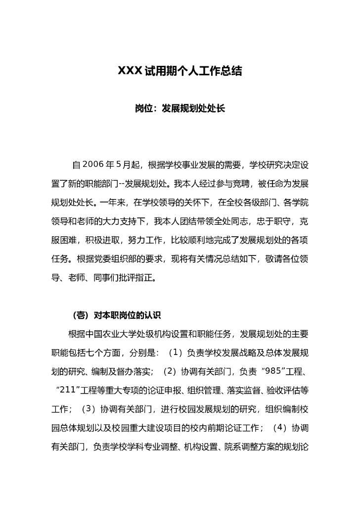 XXX试用期个人工作总结