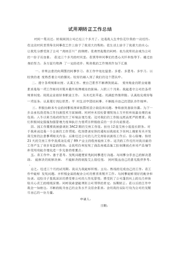 试用期转正工作总结