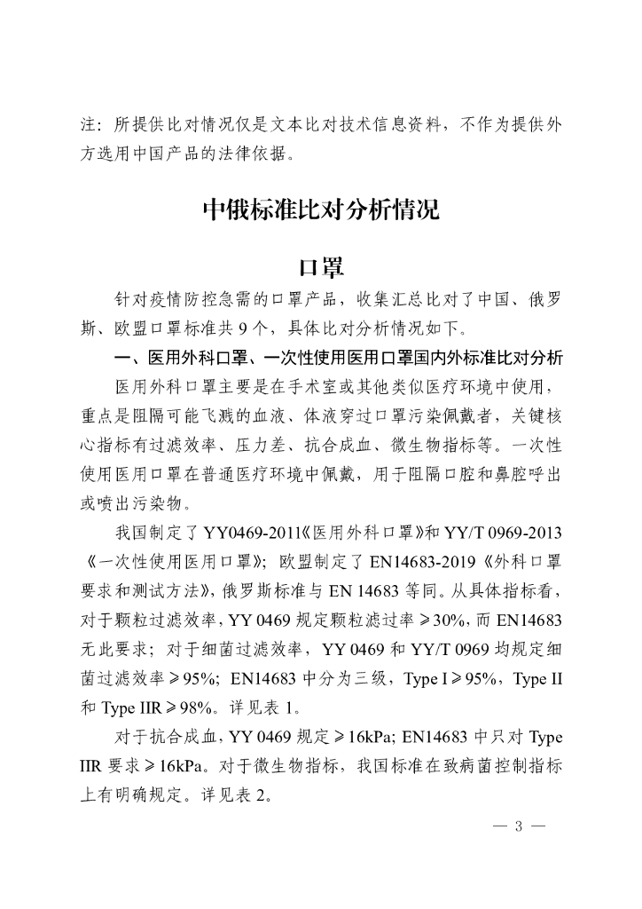防疫产品中俄标准比对分析情况报告