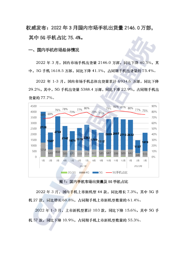 中国信通院：2022年3月国内手机市场运行分析报告