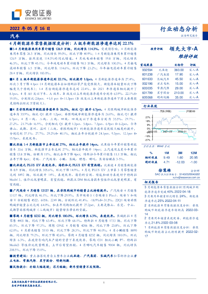 安信证券：4月新能源车零售数据深度分析：A级车新能源渗透率达到22.1%