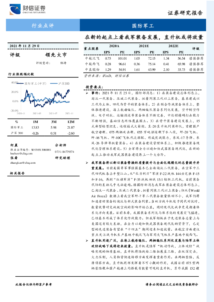 财信证券:国防<em>军工</em>行业点评:在新的起点上看我军装备发展,直升机或将放量 海报