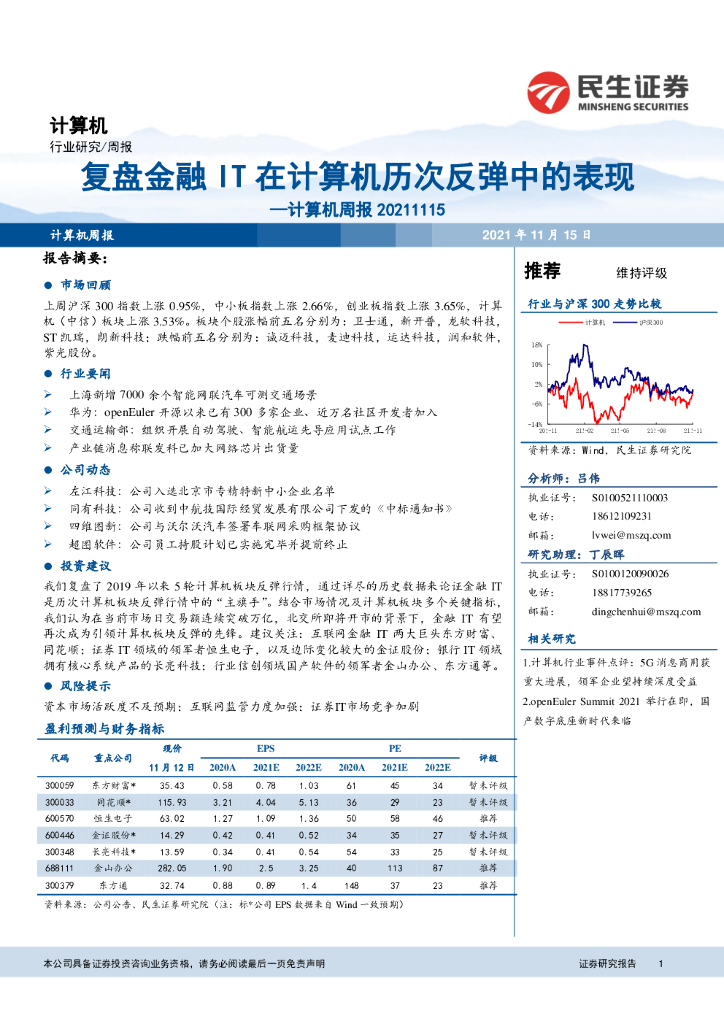 民生证券：计算机周报：复盘金融IT在计算机历次反弹中的表现