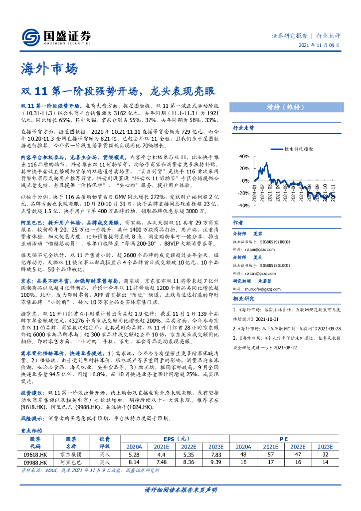 国盛证券：电商行业海外市场：双11第一阶段强势开场，龙头表现亮眼