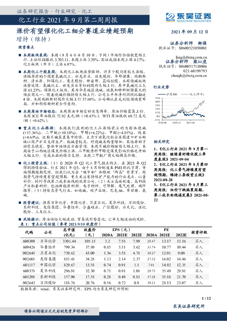 东吴证券：化工行业2021年9月第二周周报：涨价有望催化化工细分赛道业绩超预期 海报