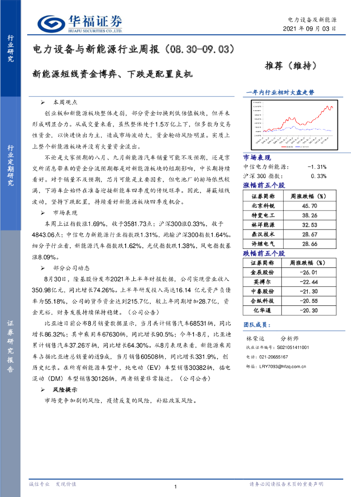 华福证券：电力设备与新<em>能源</em>行业周报：新<em>能源</em>短线资金博弈、下跌是配置良机 海报