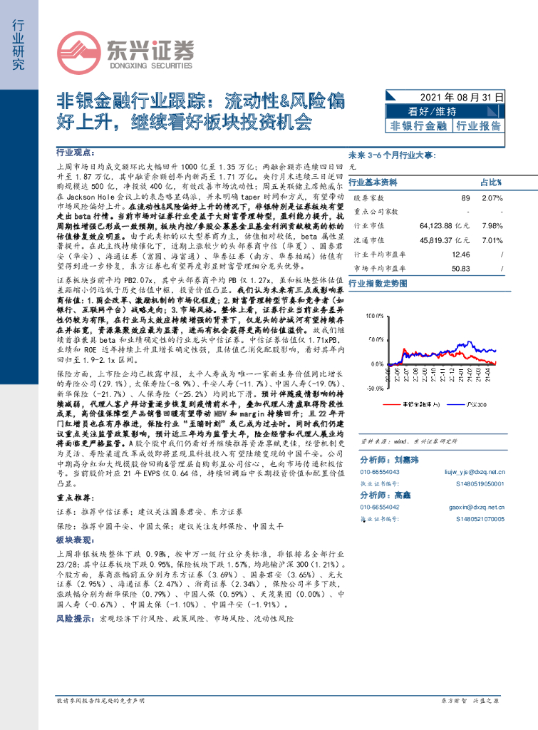 东兴证券：非银金融行业跟踪：流动性&风险偏好上升，继续看好板块投资机会