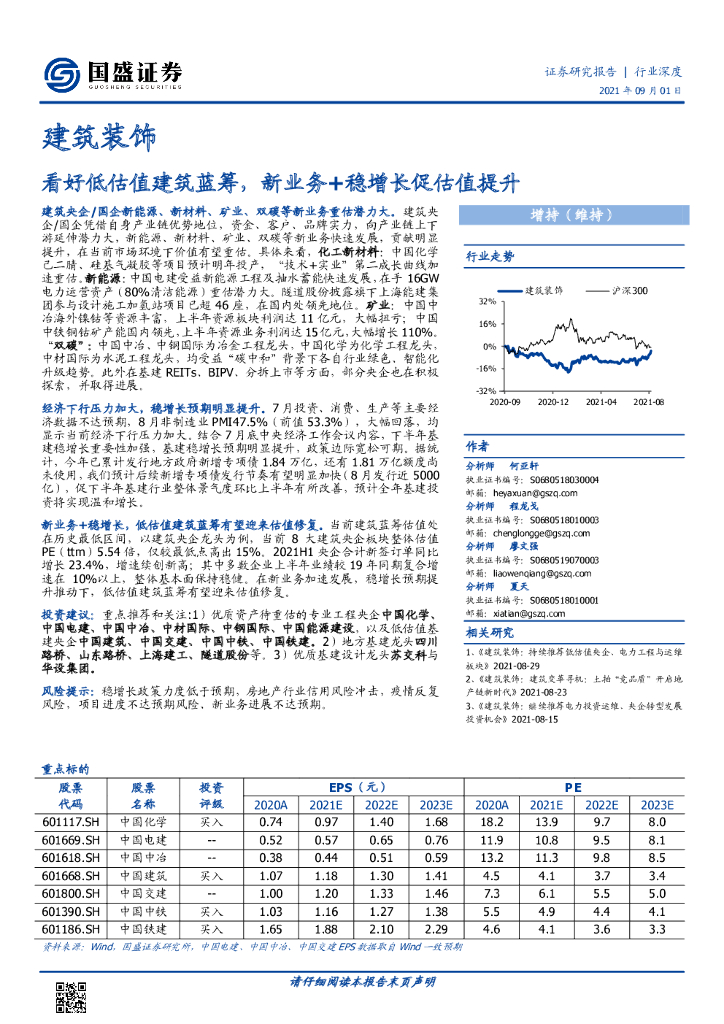 国盛证券：建筑装饰行业深度：看好低估值建筑蓝筹，新业务+稳增长促估值提升 海报