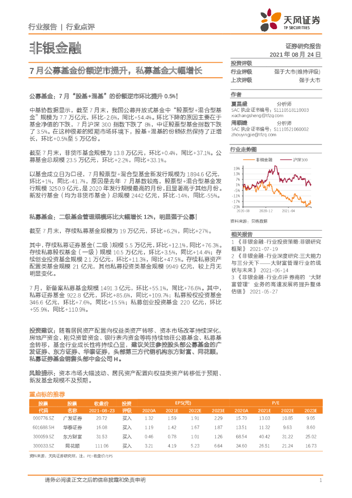天风证券：非银金融：7月公募基金份额逆市提升，私募基金大幅增长