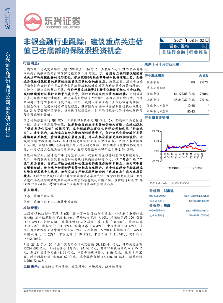 东兴证券：非银金融行业跟踪：建议重点关注估值已在底部的保险股投资机会