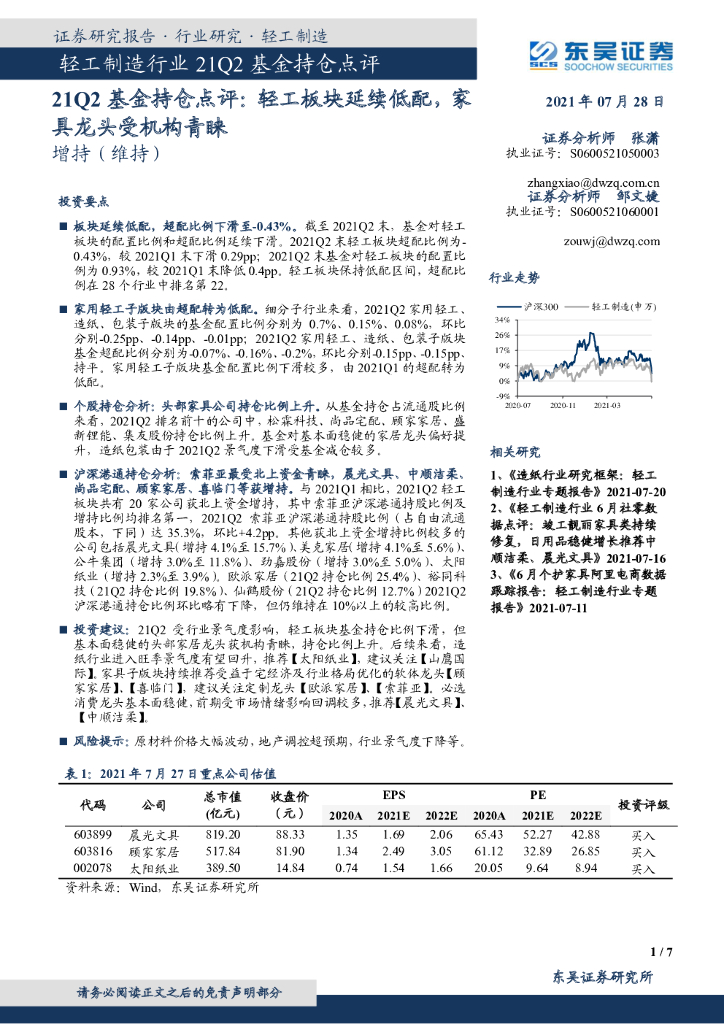 东吴证券：轻工制造行业21Q2基金持仓点评：轻工板块延续低配，家具龙头受机构青睐