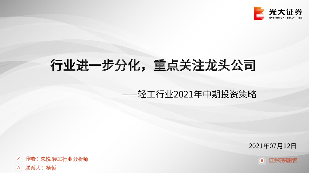 光大证券：轻工行业2021年中期投资策略：行业进一步分化，重点关注龙头公司