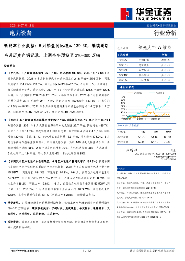 华金证券：<em>新能车</em>行业数据：6月销量同比增加139.3%，继续刷新当月历史产销记录，上调全年预期至270-300万辆