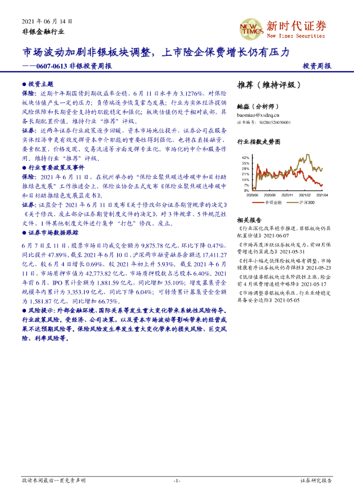 新时代证券：非银投资周报：市场波动加剧非银板块调整，上市险企保费增长仍有压力 海报