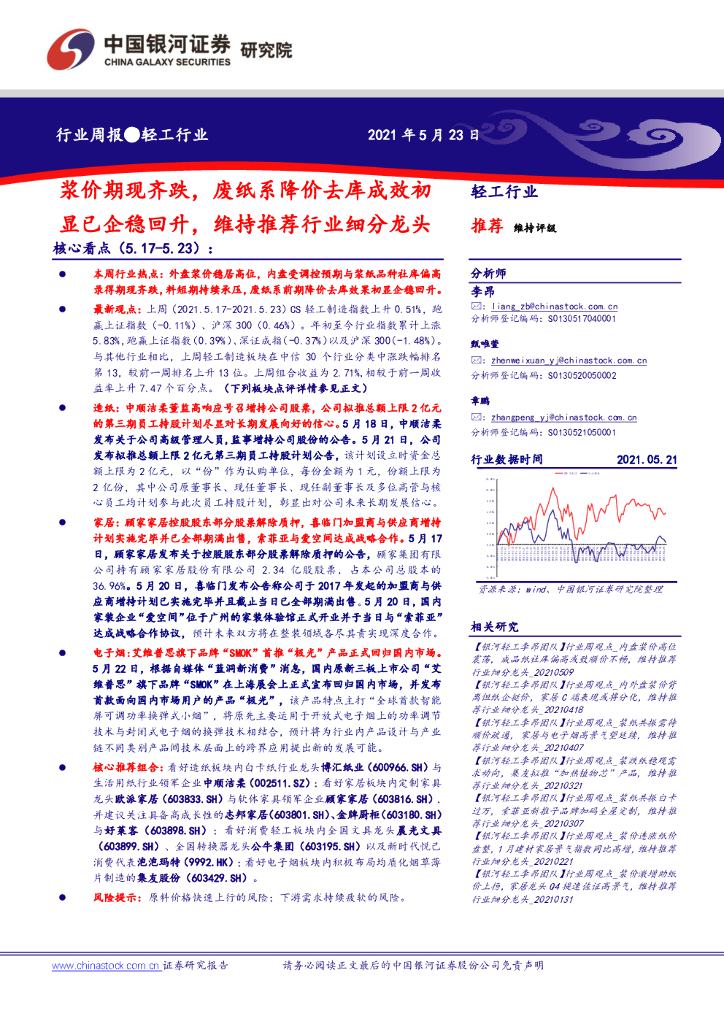 中国银河：轻工行业周报：浆价期现齐跌，废纸系降价去库成效初显已企稳回升，维持推荐行业细分龙头