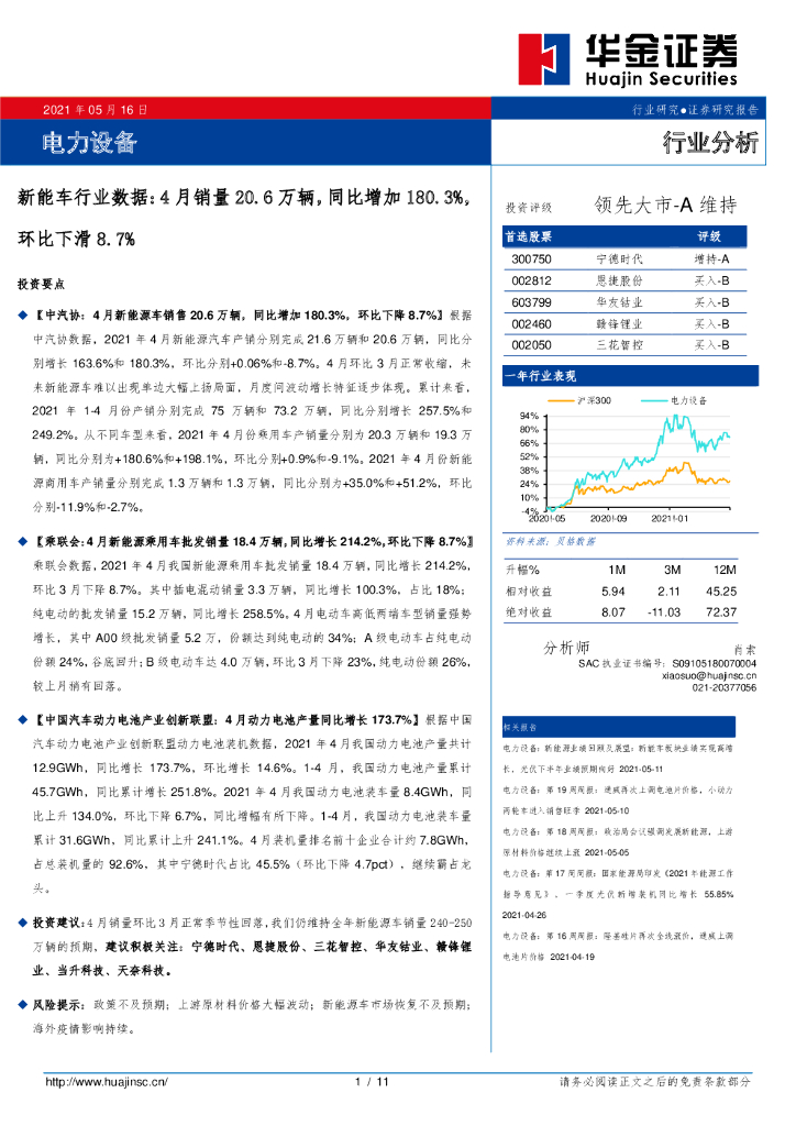 华金证券：电力设备：<em>新能车</em>行业数据：4月销量20.6万辆，同比增加180.3%，环比下滑8.7%