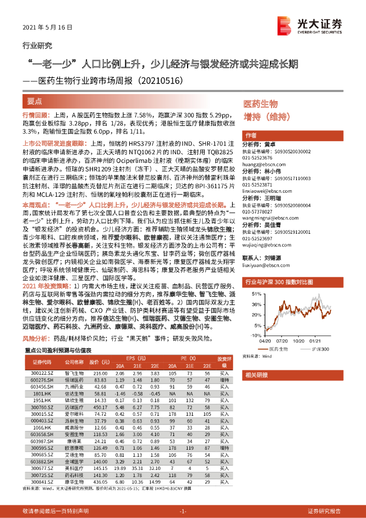 光大证券：医药生物行业跨市场周报：“一老一少”人口比例上升，少儿经济与银发经济或共迎成长期