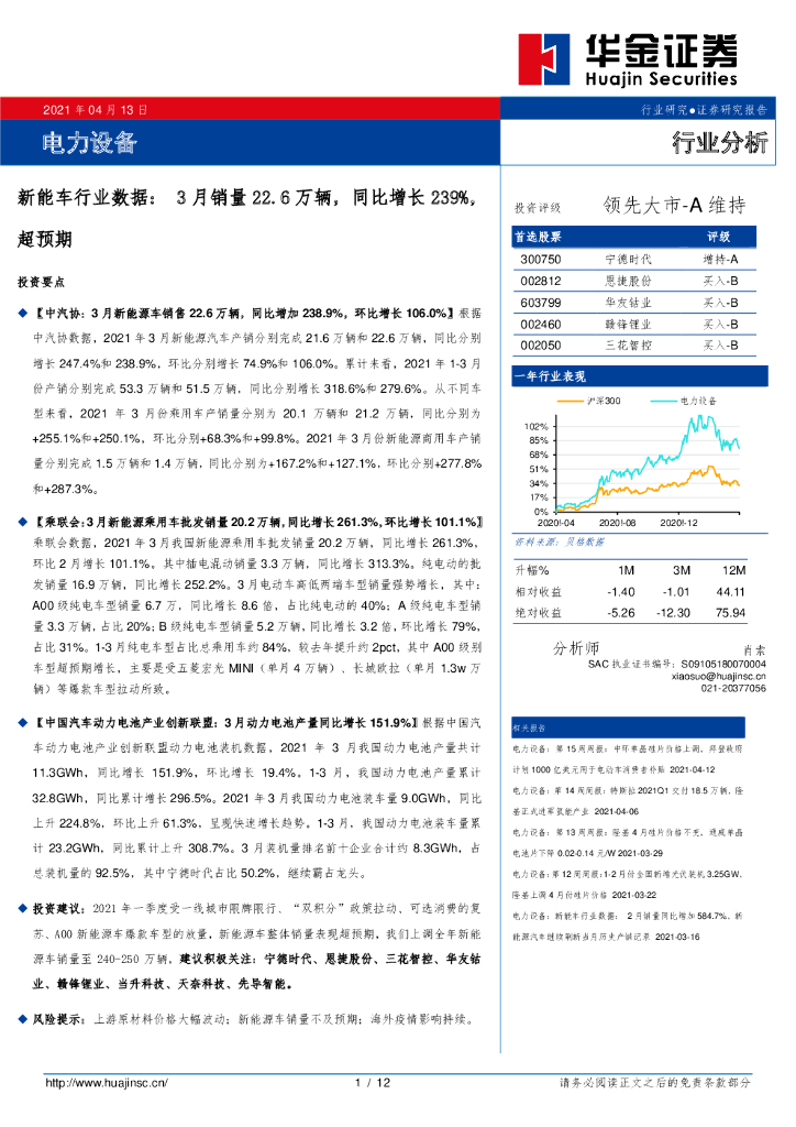 华金证券：电力设备-<em>新能车</em>行业数据：3月销量22.6万辆，同比增长239%超预期