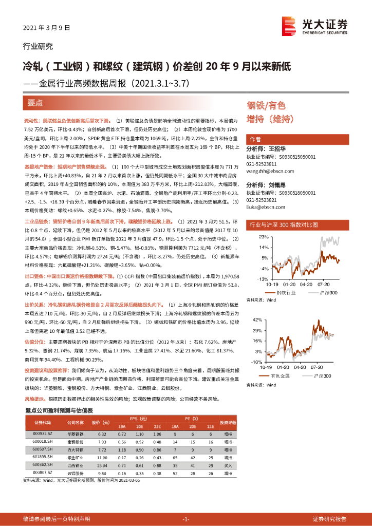 光大证券：金属行业高频数据周报：冷轧（工业钢）和螺纹（建筑钢）价差创20年9月以来新低
