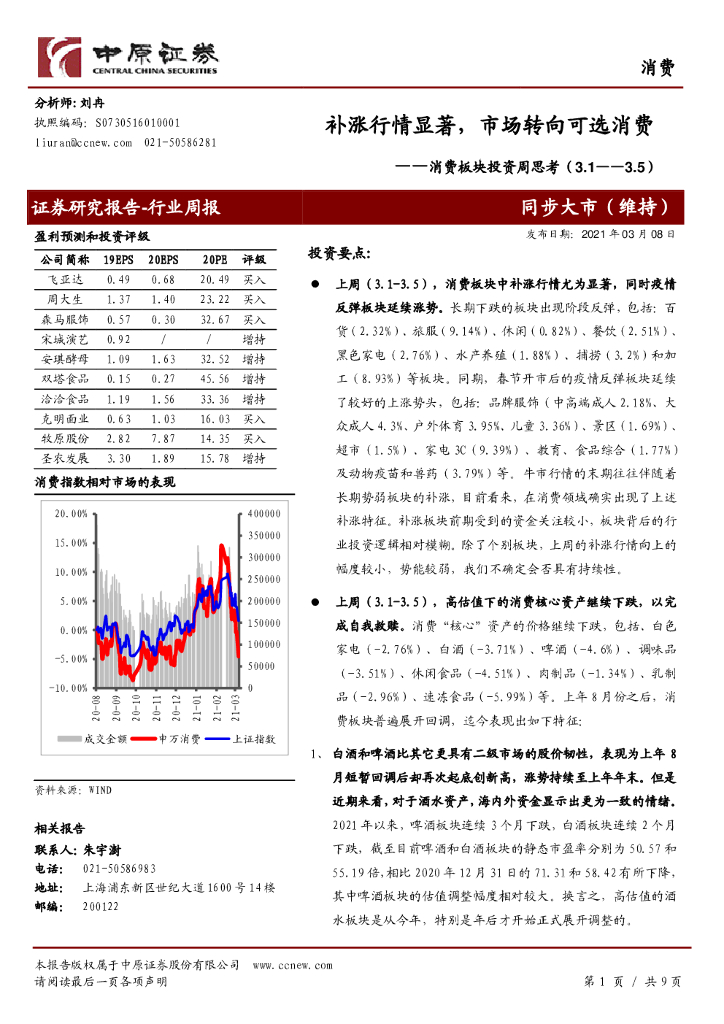 中原证券：消费板块投资周思考：补涨行情显著，市场转向可选消费