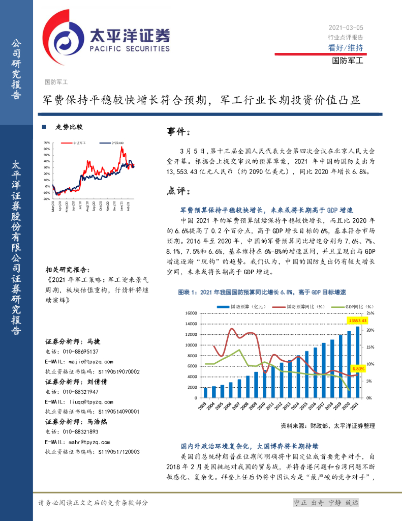太平洋证券：国防军工行业点评报告：军费保持平稳较快增长符合预期，军工行业长期投资价值凸显