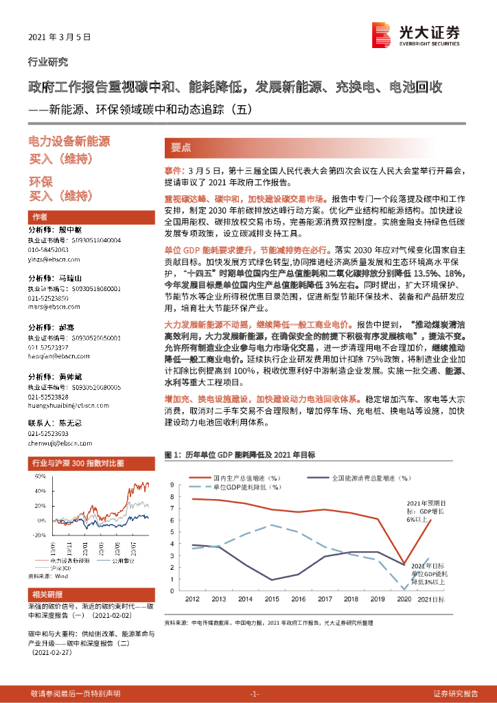 光大证券：新能源、环保领域<em>碳中和</em>动态追踪（五）：政府工作报告重视<em>碳中和</em>、能耗降低，发展新能源、充换电、电池回收 海报