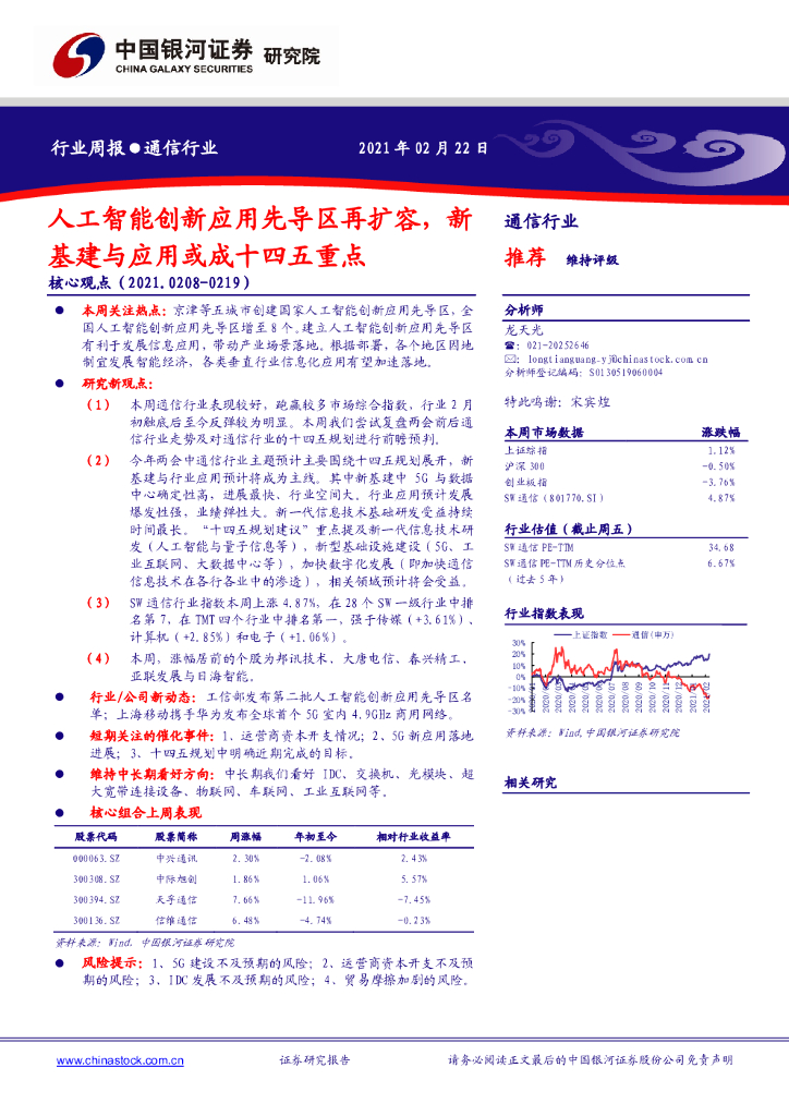 中国银河：通信行业周报：<em>人工智能</em>创新应用先导区再扩容，新基建与应用或成十四五重点 海报