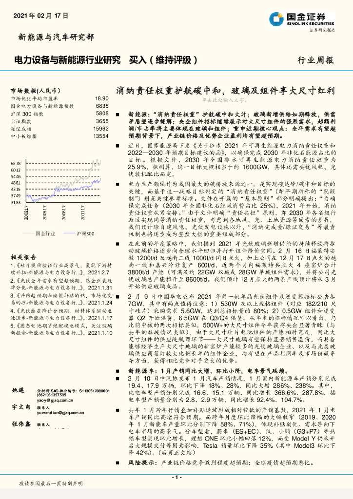 国金证券：电力设备与新能源行业研究：消纳责任权重护航<em>碳中和</em>，玻璃及组件享大尺寸红利 海报