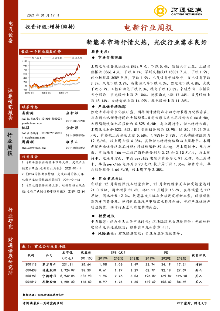 财通证券：电新行业周报：<em>新能车</em>市场行情火热，光伏行业需求良好