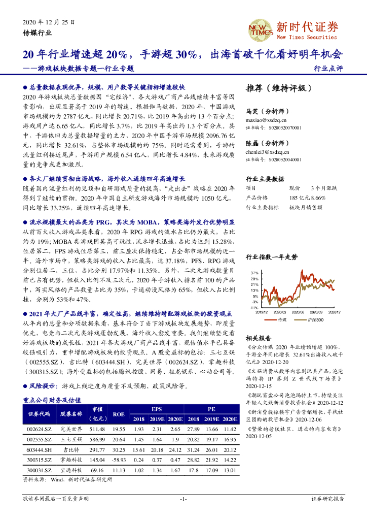 新时代证券：游戏板块数据专题一行业专题：20年行业增速超20%，手游超30%，出海首破千亿看好明年机会
