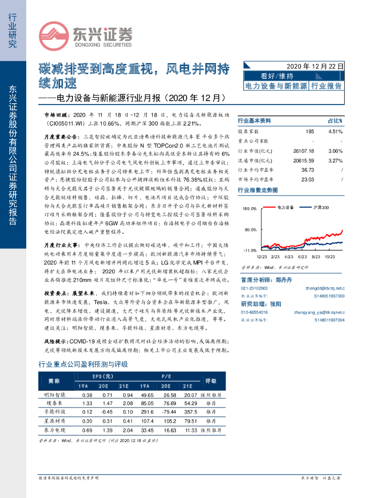 东兴证券：电力设备与新能源行业月报（2020年12月）：碳减排受到高度重视，风电并网持续加速